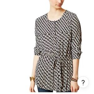 Maeve Button Front Peplum Bird Print Blouse S Tie Waist Black Ivory Pleated